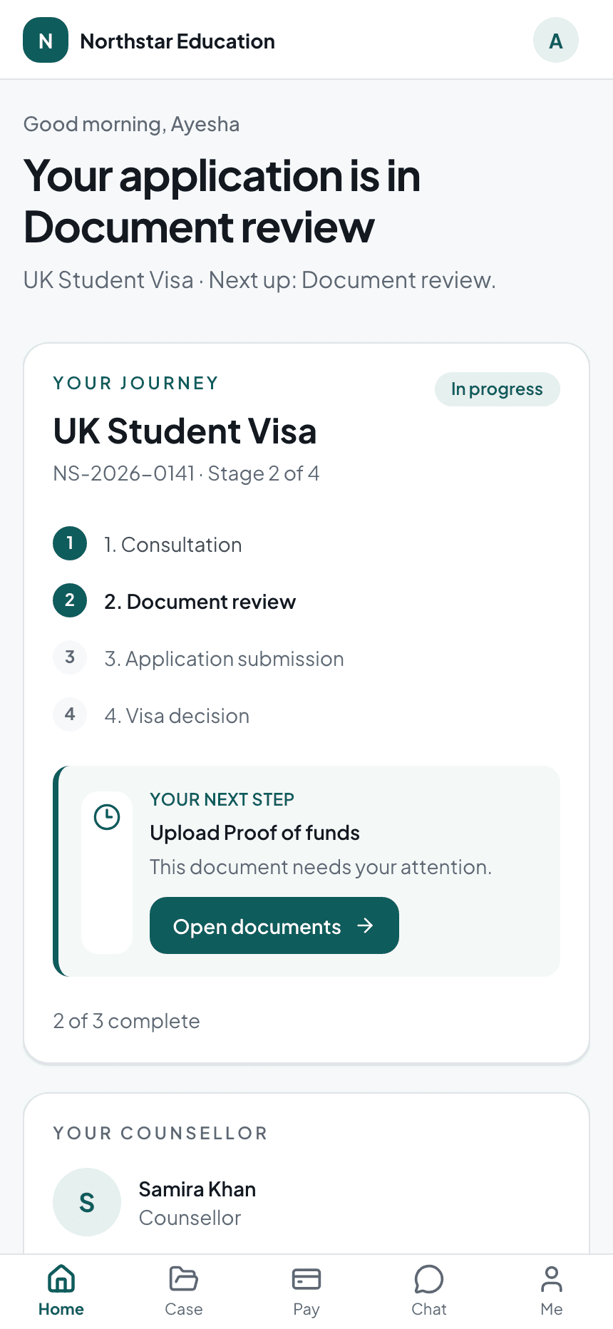 Client portal for Northstar Education showing Ayesha Rahman’s fictional UK student visa case and next steps